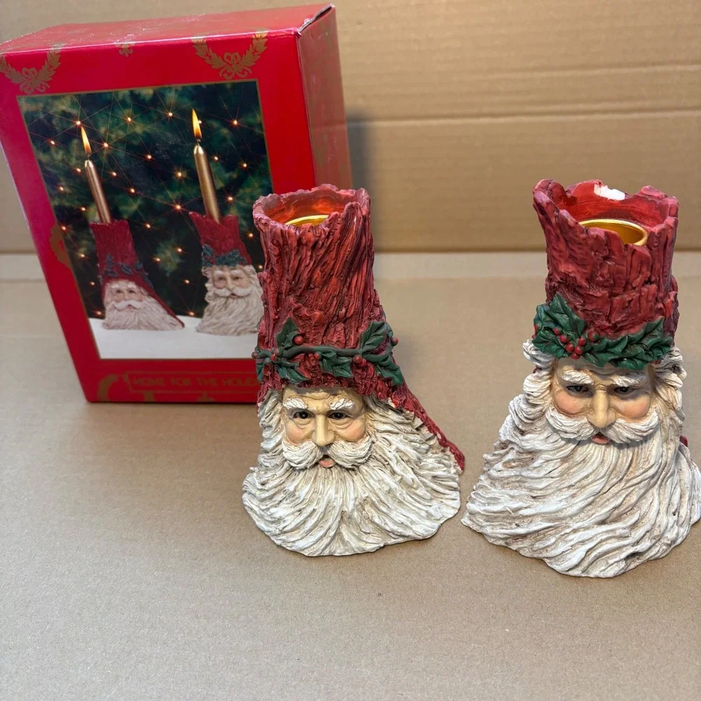 Vintage Set of 2 Santa Claus Face Tree Trunk Candlestick Holders Red Holly